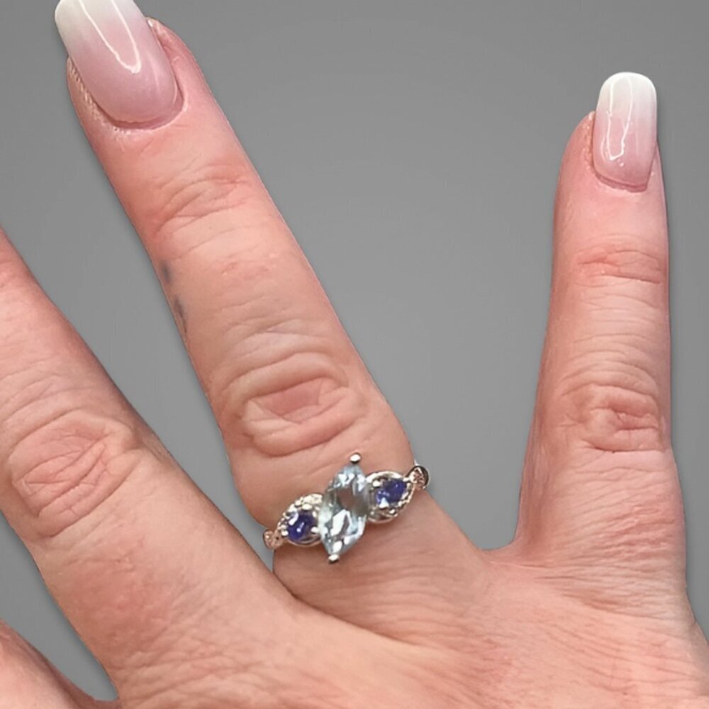 Topaz Tanzanite Ring Marquise Pear Cut Rhodium Sterling Silver Sky Blue W 7 NWT - Picture 5 of 17